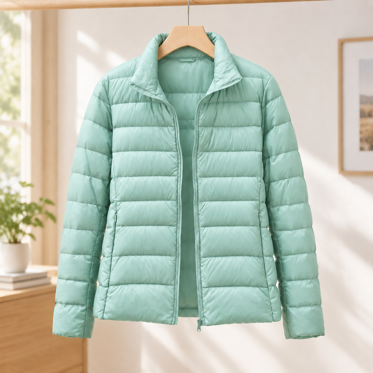 Jacket Cashmere-Feel Quilted Polyester with Stand Collar and Zip