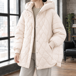 Quilted Jacket White Duck Down Oversized with Generous Hood and Zip
