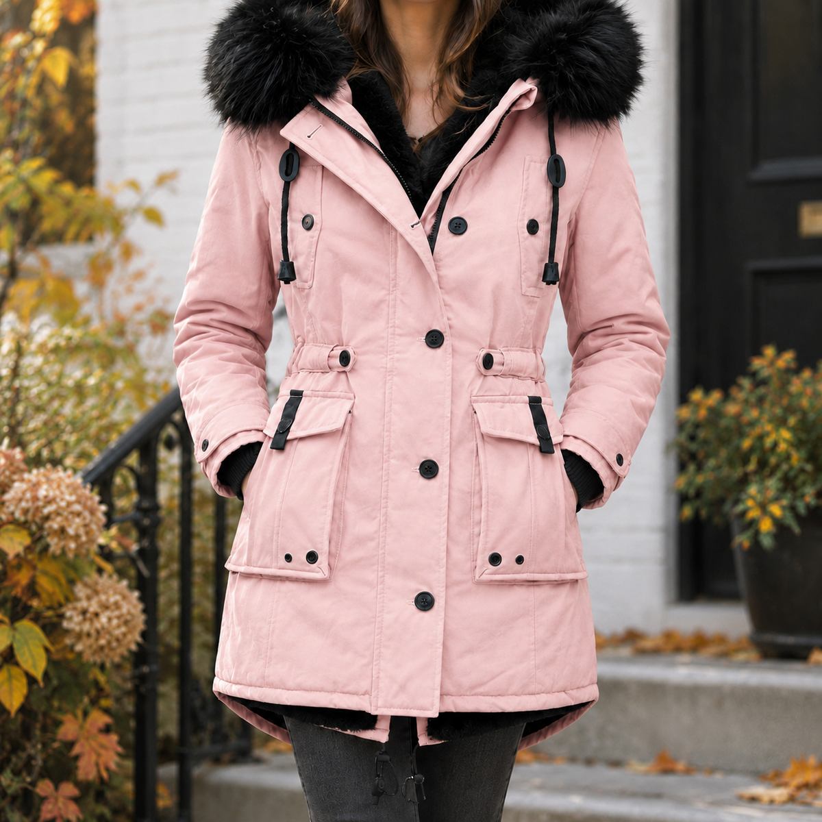 Overcoat Polyester Longline with Plush-Trimmed Hood and Cinched Waist