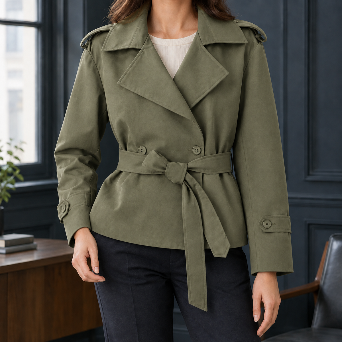 Belted Jacket Polyester Short with Wide Lapels and Self-Tie Waist