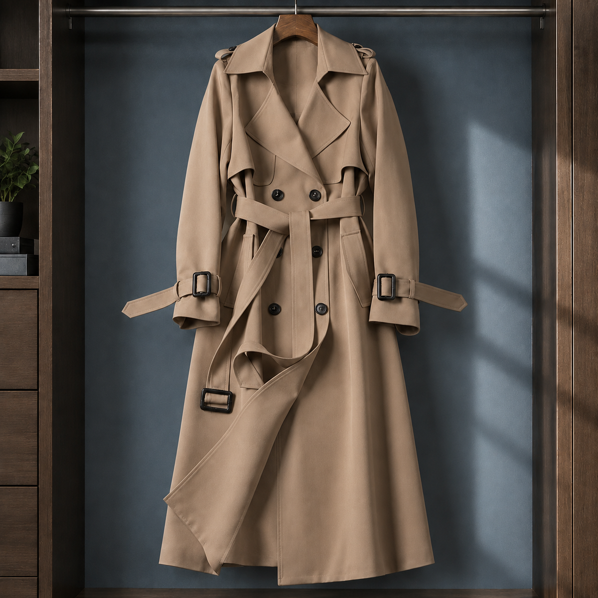 Overcoat Polyester Double-Breasted Long Flared with Buckled Belt