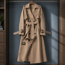 Overcoat Polyester Double-Breasted Long Flared with Buckled Belt