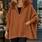 Hooded Jacket Polyester Cape Silhouette with Plush Wool-Blend Trim