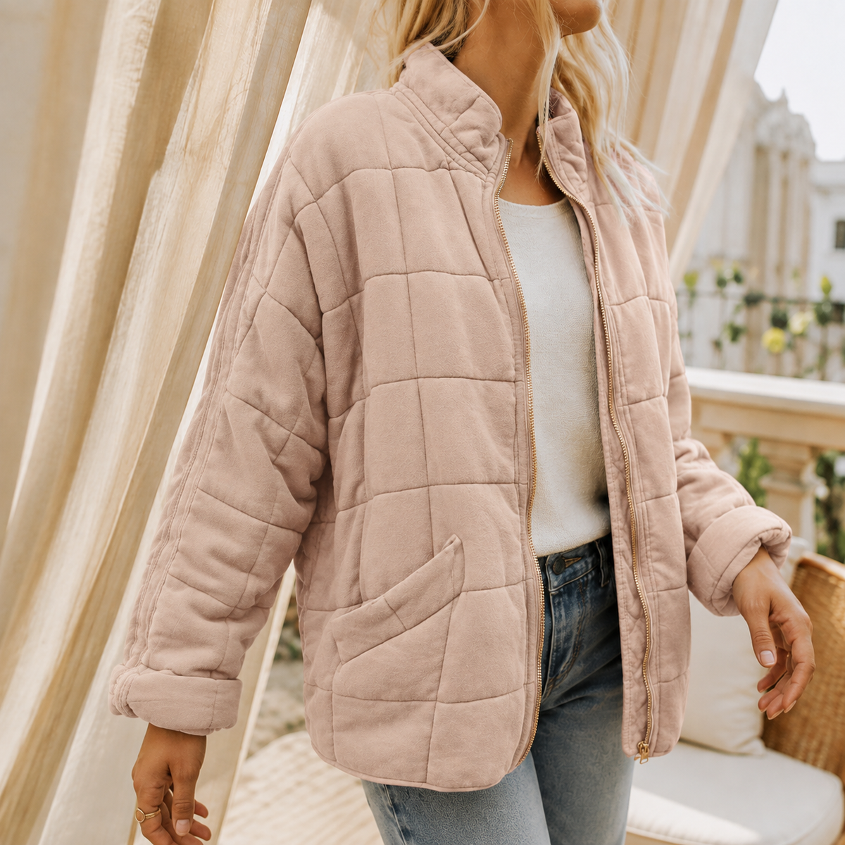 Quilted Jacket Polyester Relaxed with Square-Grid Quilting and Zip
