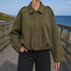 Bomber Jacket Faux Suede Oversized with Concealed Zip and Epaulettes