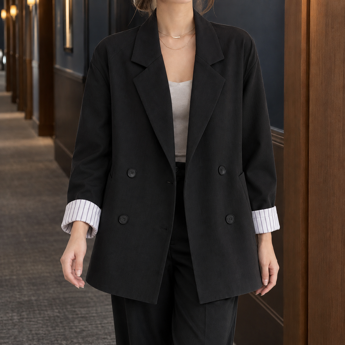 Blazer Cotton Blend Relaxed Double-Breasted with Striped Cuffs