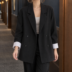 Blazer Cotton Blend Relaxed Double-Breasted with Striped Cuffs