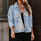 Denim Jacket Animal-Print Patchwork Relaxed with Metal Buttons
