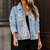 Denim Jacket Animal-Print Patchwork Relaxed with Metal Buttons