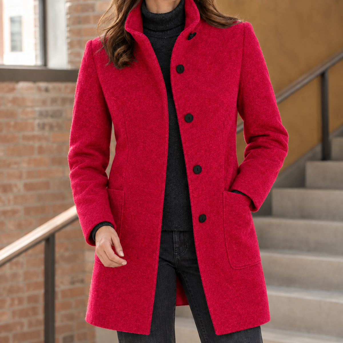 Coat Polyester Mid-Length with Raised Stand Collar and Patch Pockets