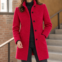 Coat Polyester Mid-Length with Raised Stand Collar and Patch Pockets