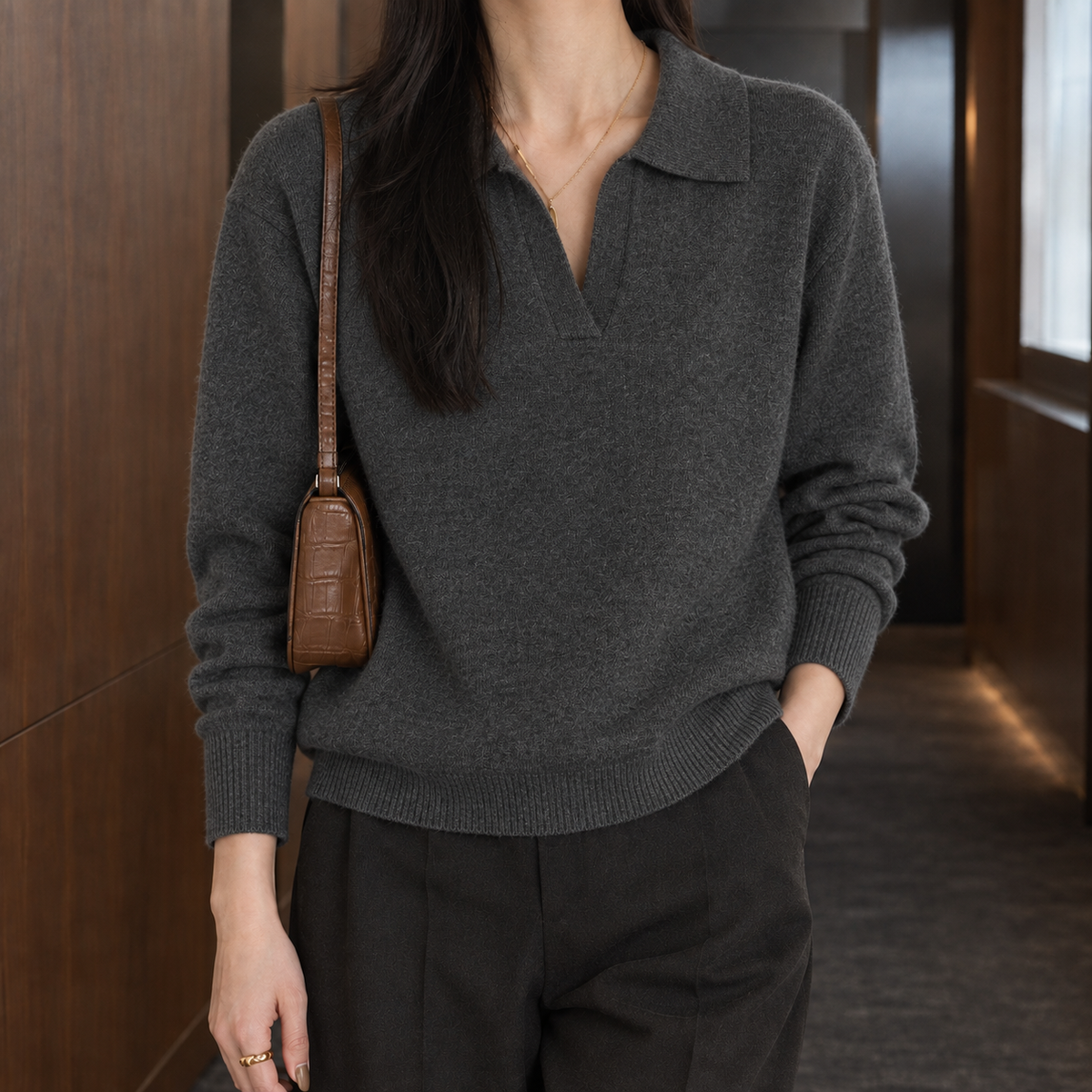Relaxed Open Polo Collar Jumper