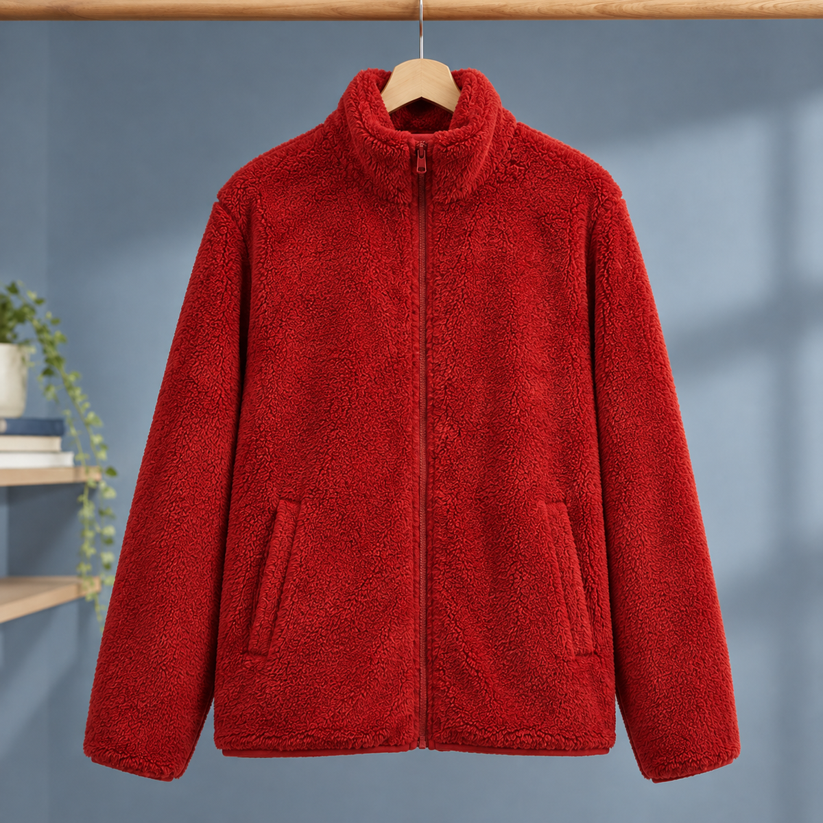 Zip Jacket Polyester Plush Straight Fit with Slanted Hand Pockets