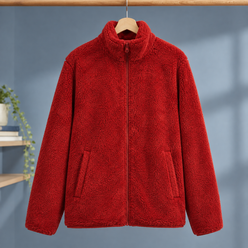 Zip Jacket Polyester Plush Straight Fit with Slanted Hand Pockets
