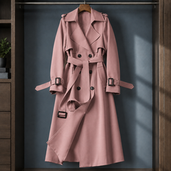 Overcoat Polyester Double-Breasted Long Flared with Buckled Belt
