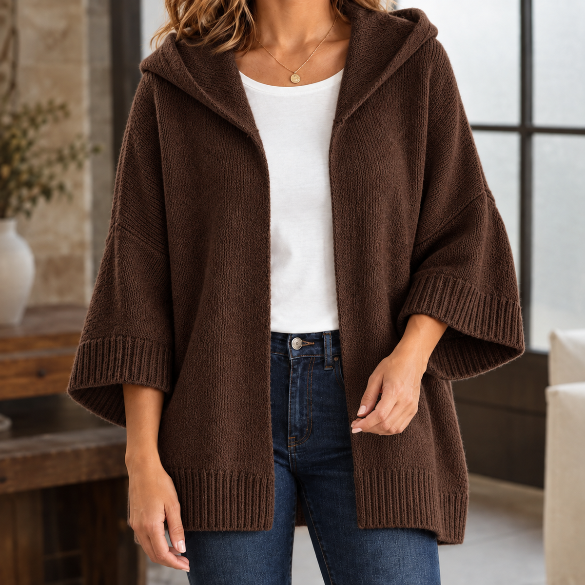 Cotton-Blend Hooded Cardigan with Easy Drape