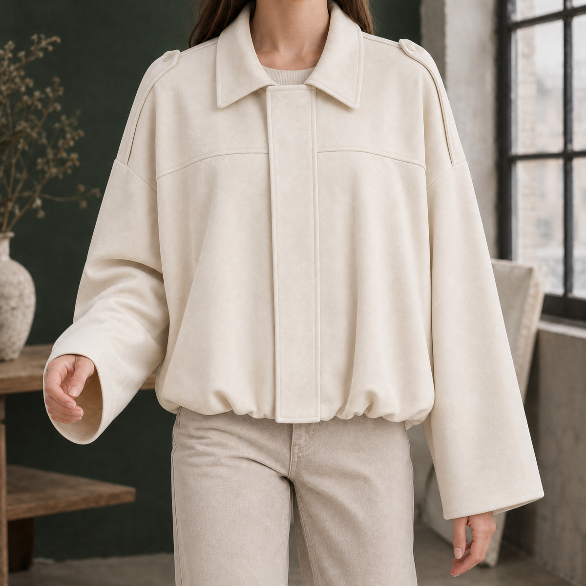 Bomber Jacket Faux Suede Loose Cropped with Concealed Zip, Bubble Hem