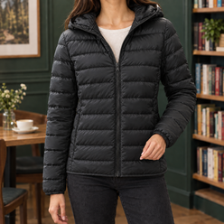 Puffer Jacket Cashmere-Feel with Hood, Down Filling and Full Zip