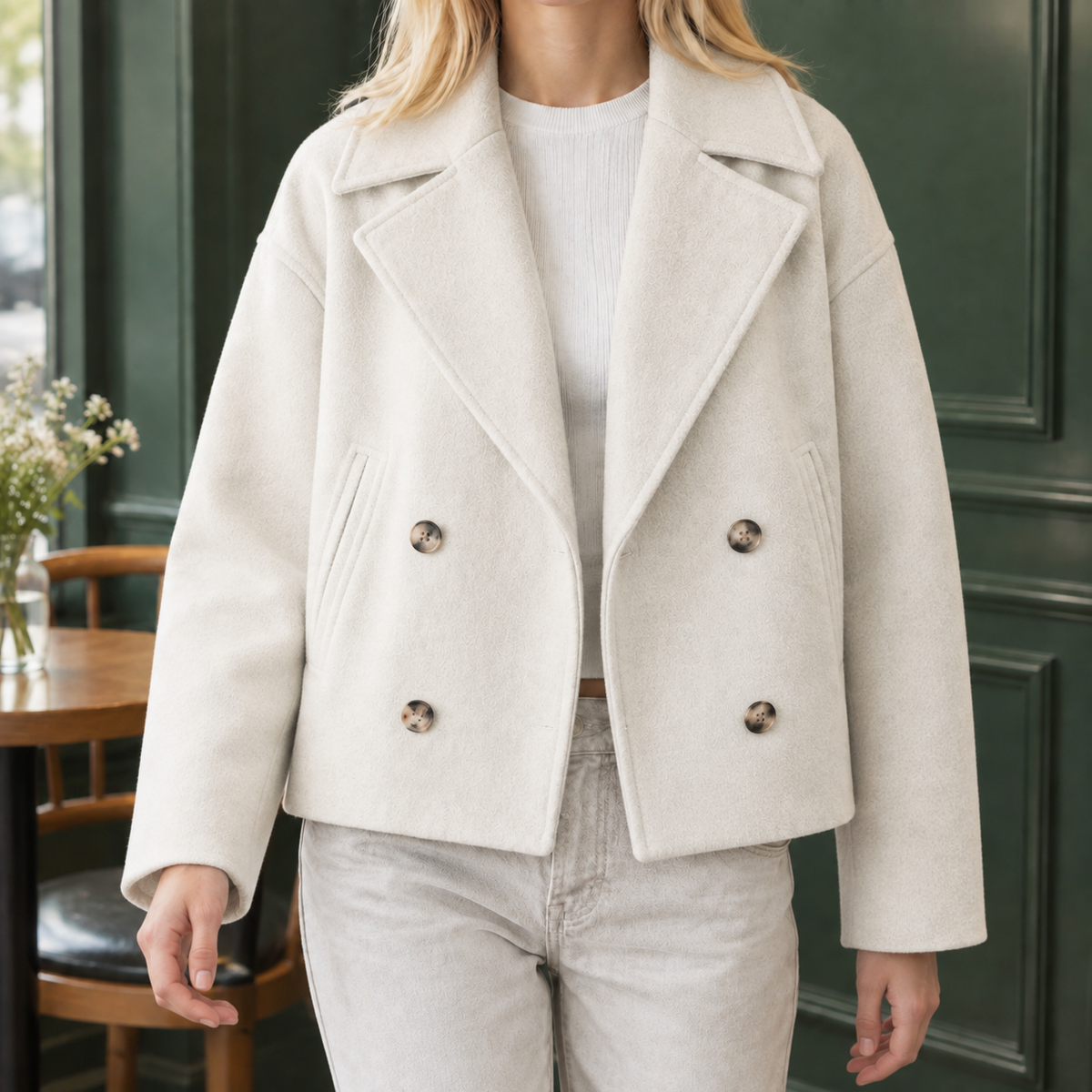 Jacket Wool Blend Double-Breasted Cropped Boxy with Welt Pockets
