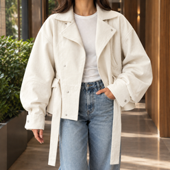 Moto Jacket Polyester Cropped with Offset Snaps and Self-Tie Belt