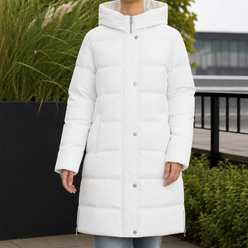 Puffer Jacket Polyester Longline with Padded Hood and Side Vents