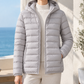Puffer Jacket White Duck Down Hooded with Horizontal Quilting and Zip