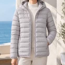 Puffer Jacket White Duck Down Hooded with Horizontal Quilting and Zip