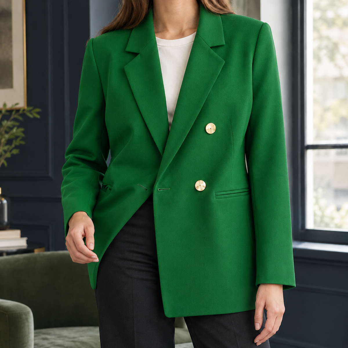 Blazer Polyester Double-Breasted with Notched Lapels and Gold Buttons