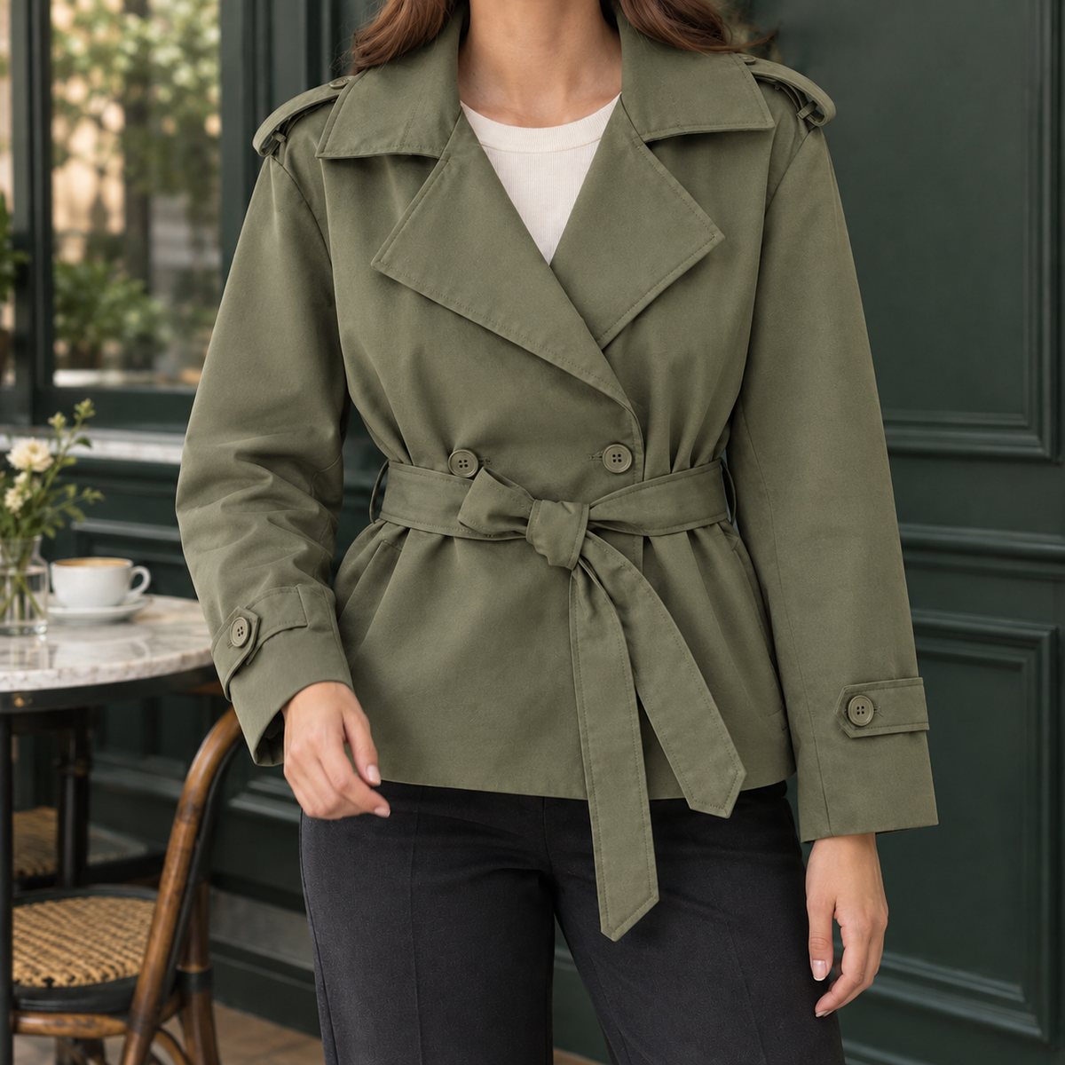 Trench Jacket Polyester Belted with Wide Lapels and Cuff Tabs