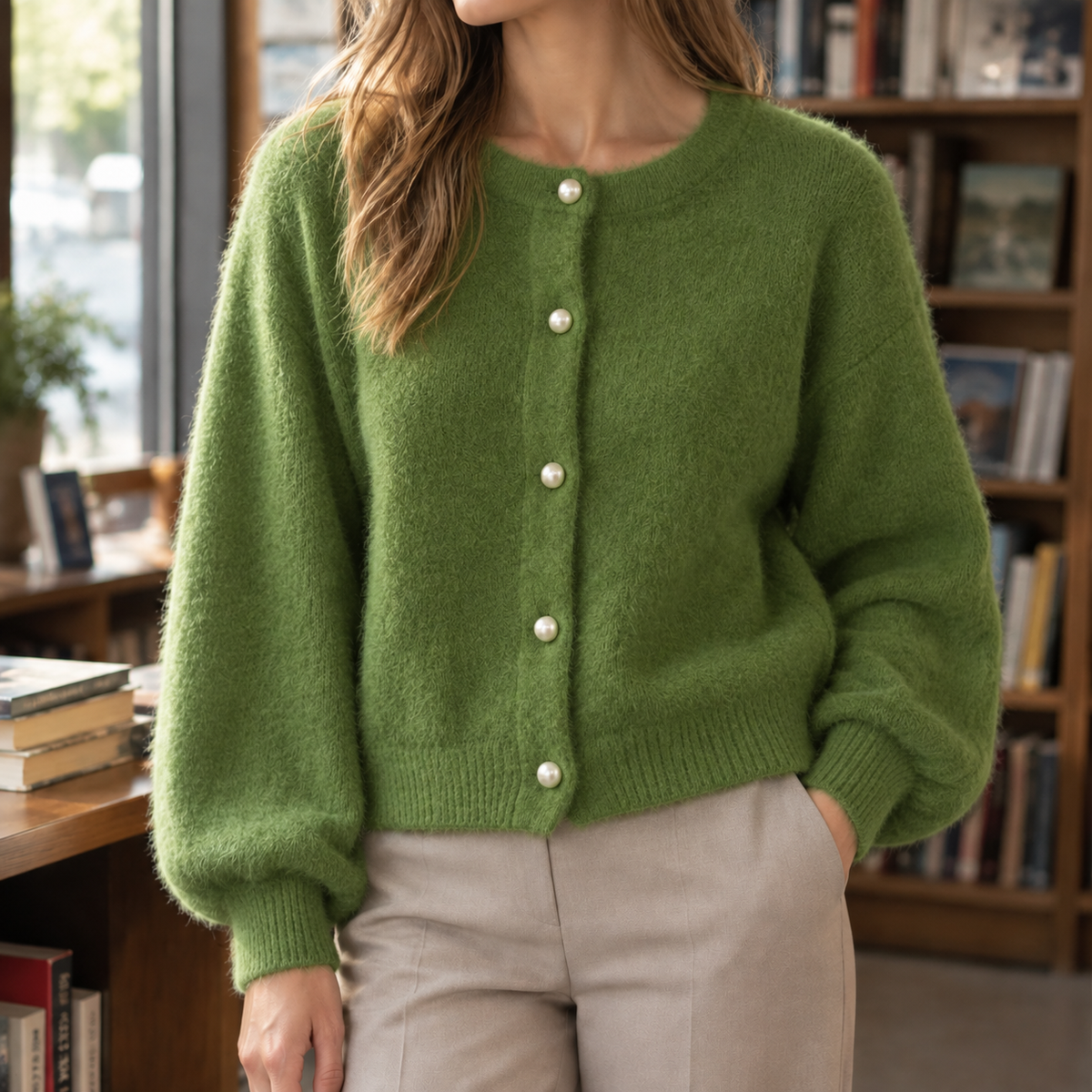 Fuzzy Knit Pearl Button Cardigan