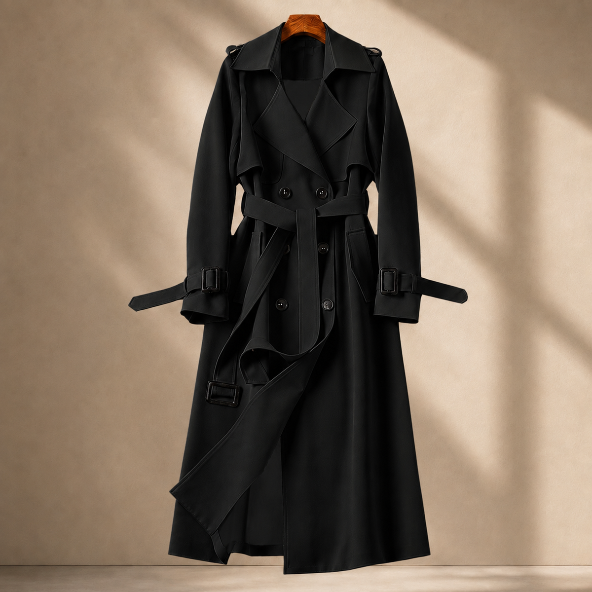 Overcoat Polyester Longline with Wide Lapels, Tie Belt and Cuff Straps