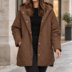 Hooded Quilted Jacket Polyester Diamond Stitching with Snap Front