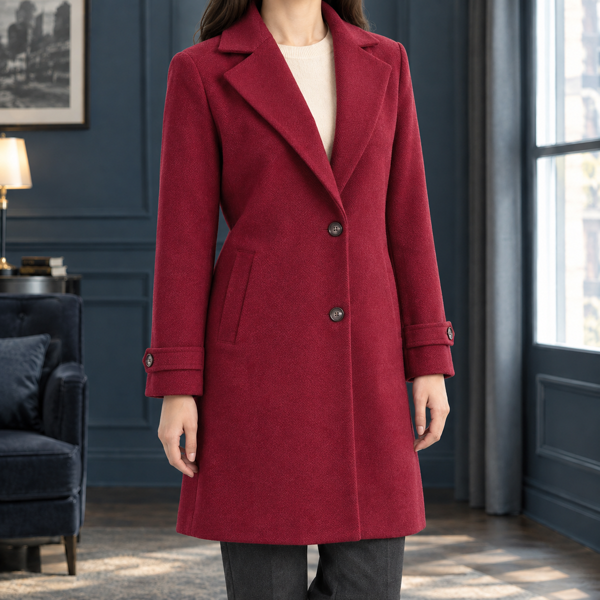 Coat Polyester Windowpane Mid-Length with Notched Lapels