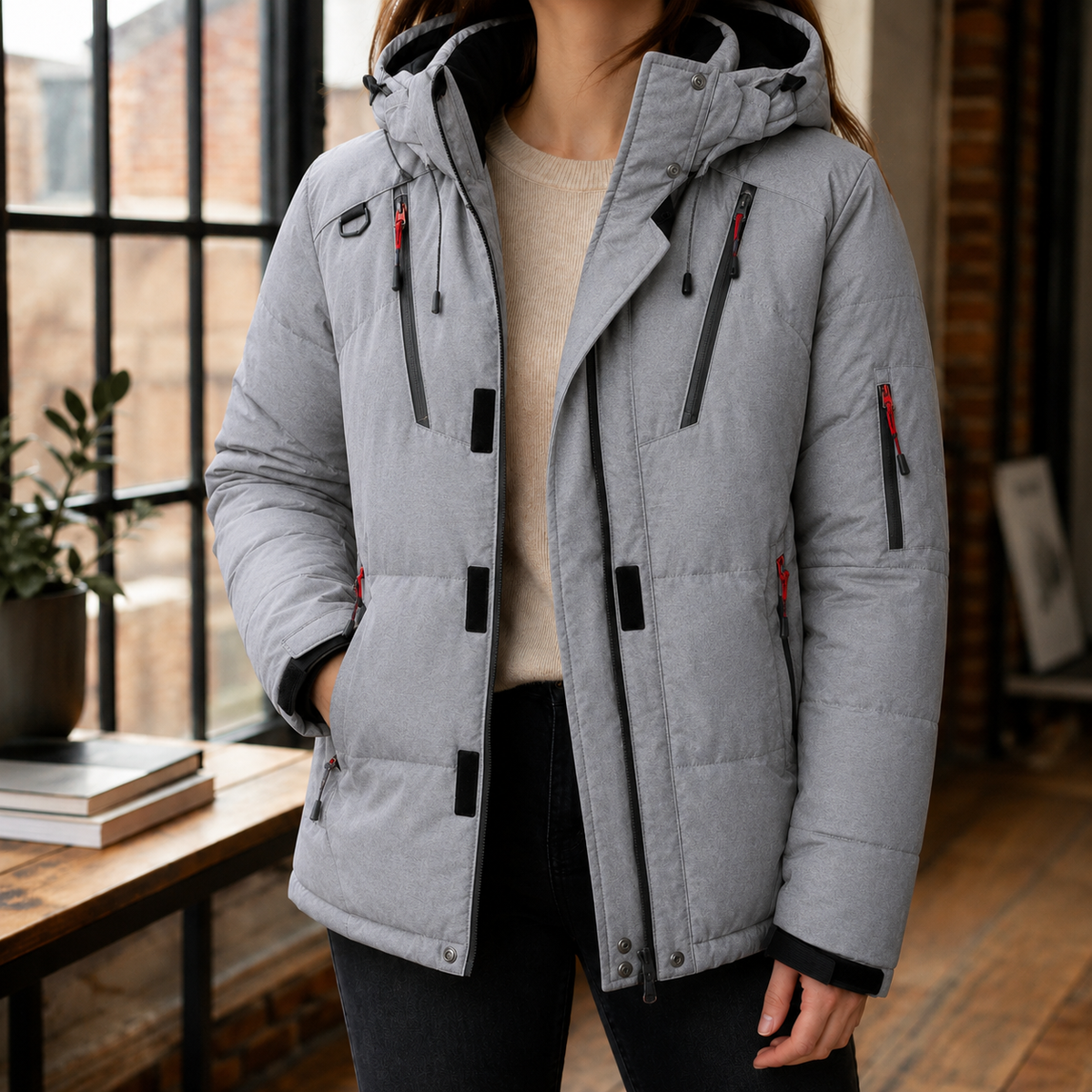 Utility Coat Polyester Padded Hip-Length with Hood and Zip Pockets