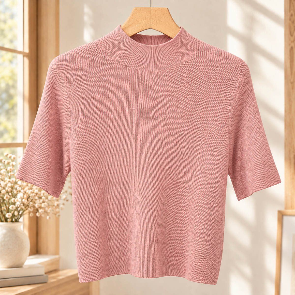 Finely Ribbed Lightweight Mock Neck Top