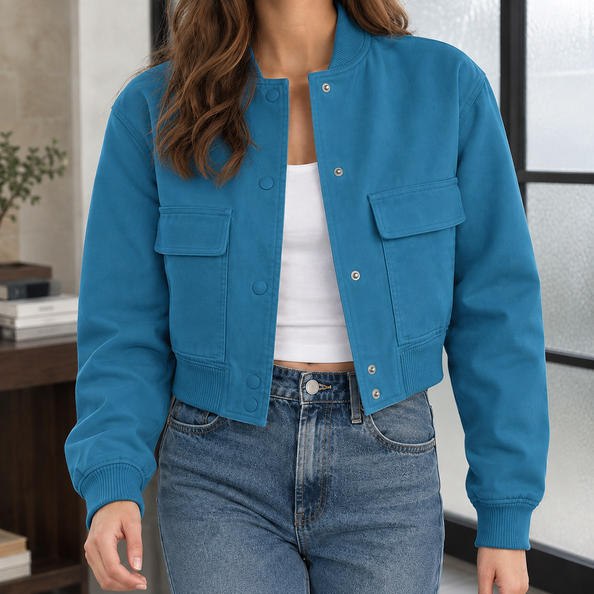 Cropped Utility Jacket Polyester with Ribbed Collar and Chest Pockets