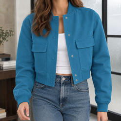 Cropped Utility Jacket Polyester with Ribbed Collar and Chest Pockets