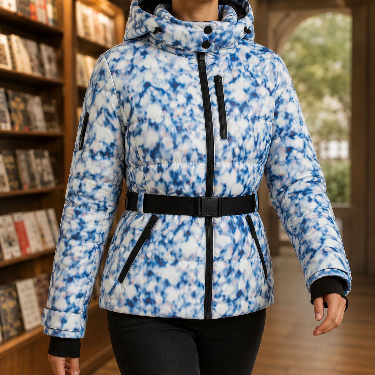 Quilted Jacket Polyester with Padded Hood, Zip Pockets and Belt