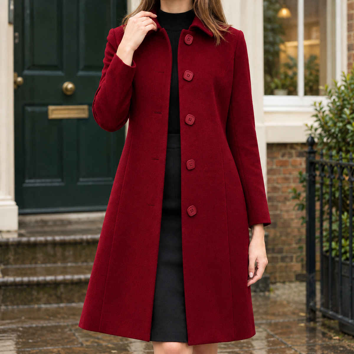 Coat Polyester A-Line Mid-Length with Lapel Collar and Single Breast