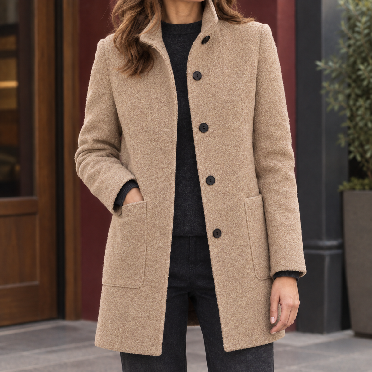 Coat Wool Blend Stand Collar with Four-Button Front