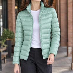 Puffer Jacket Cashmere-Feel Slim with Horizontal Quilting and Zip