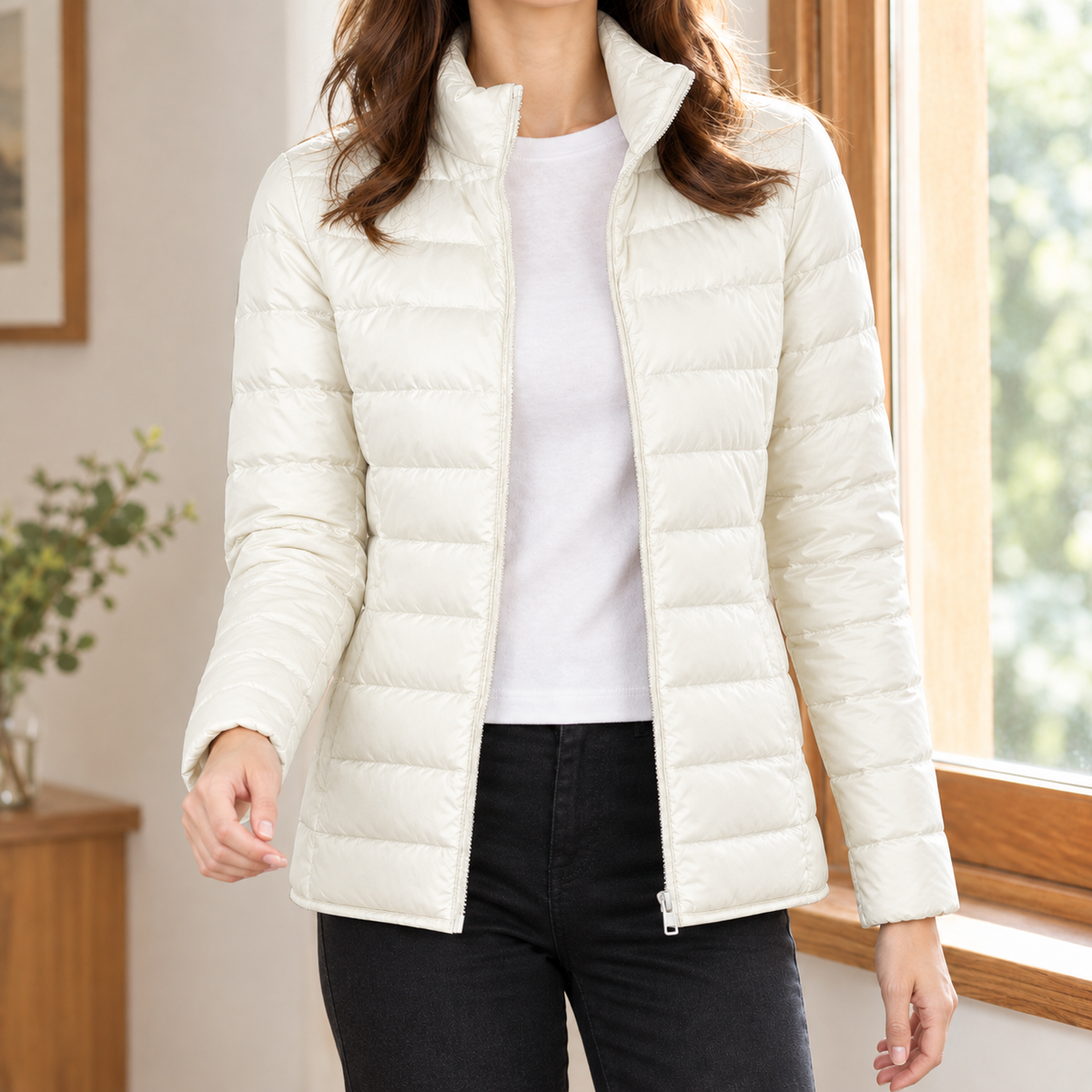 Quilted Jacket Polyester Lightweight with Stand Collar and Full Zip