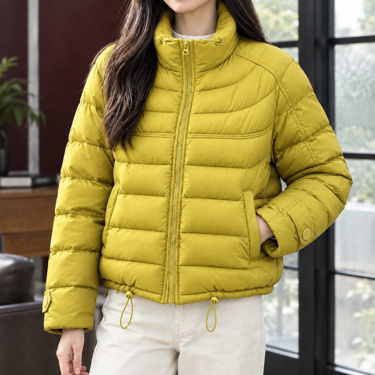 Quilted Jacket Duck Down Cropped with High Collar and Drawcord Hem
