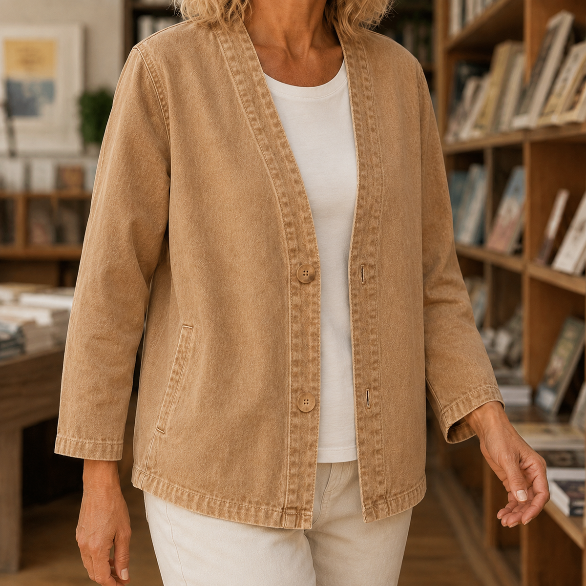 Jacket Washed Cotton Collarless with Two-Button Front