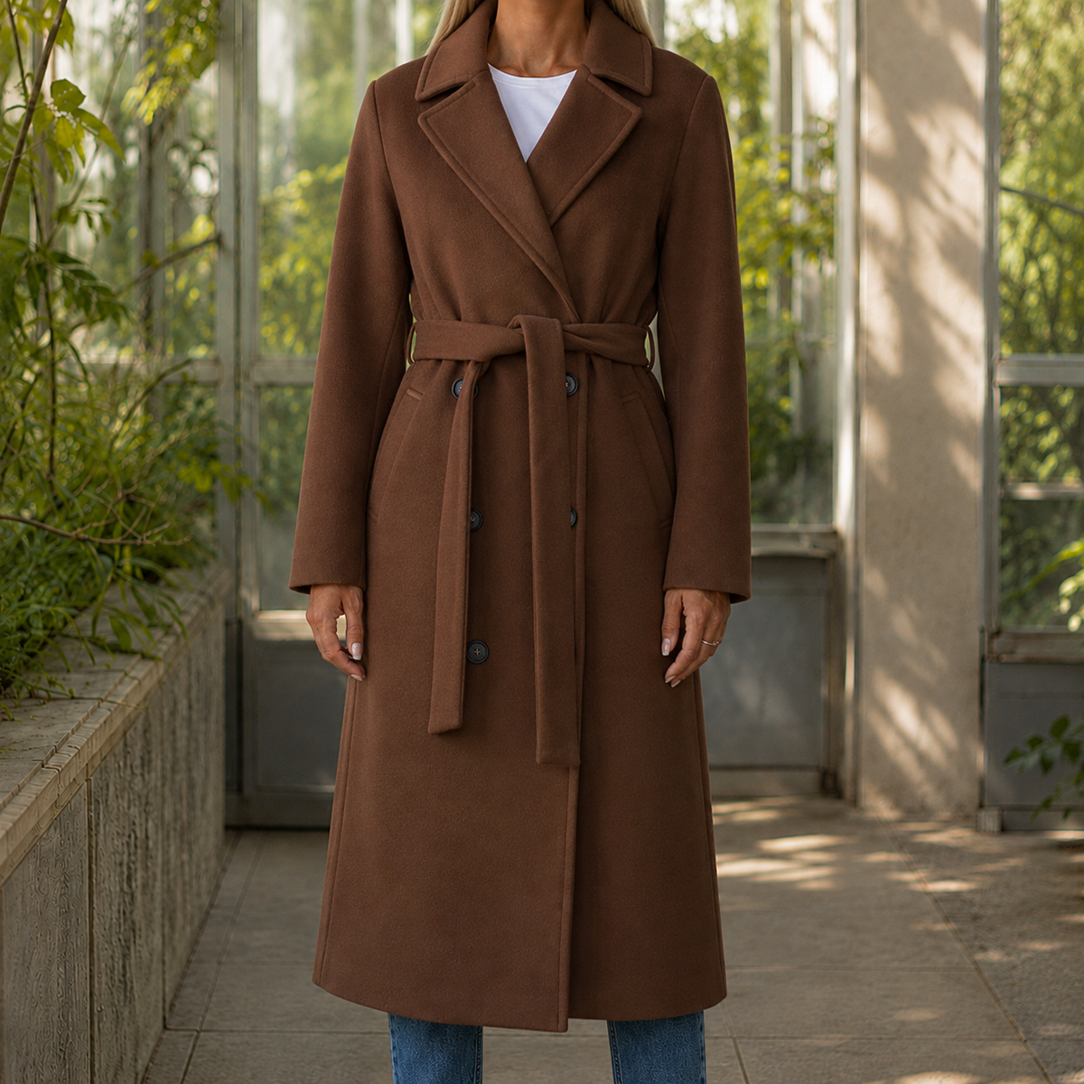 Overcoat Polyester Tailored Double-Breasted with Self-Tie Waist Belt