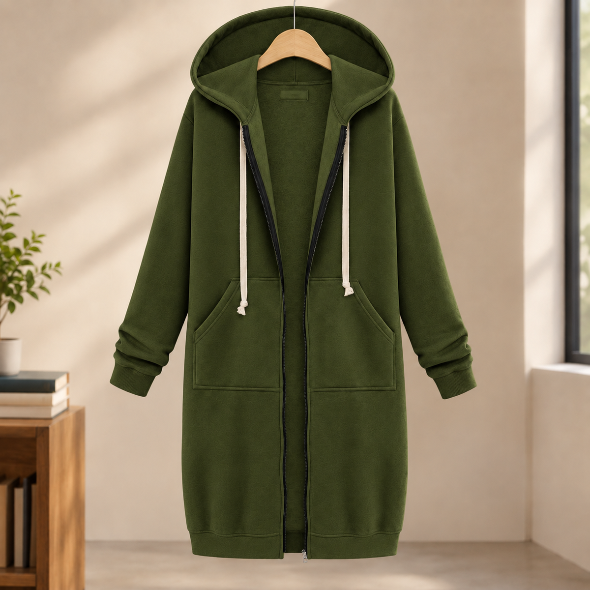 Overcoat Polyester Longline with Drawcord Hood and Full Zip