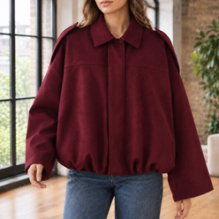 Pilot Jacket Faux Suede Cropped with Concealed Zip and Bubble Hem