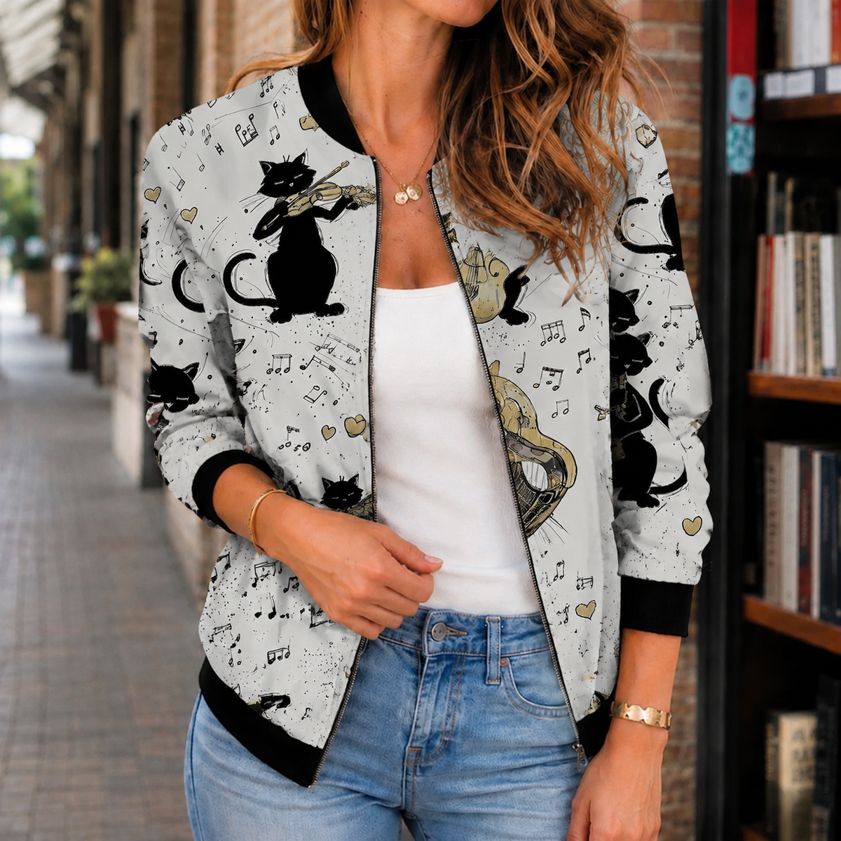 Jacket Polyester Printed Relaxed Hip-Length with Open Zip Front