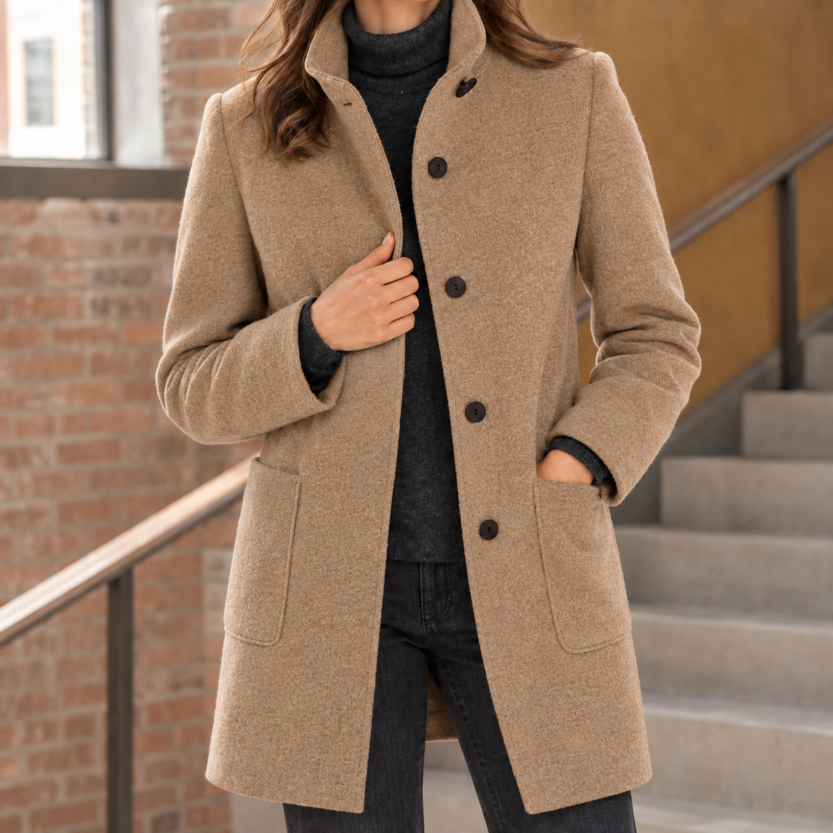 Coat Polyester Mid-Length with Raised Stand Collar and Patch Pockets