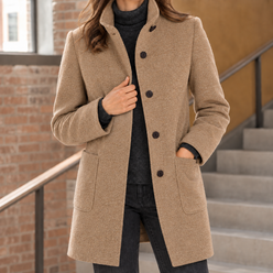 Coat Polyester Mid-Length with Raised Stand Collar and Patch Pockets